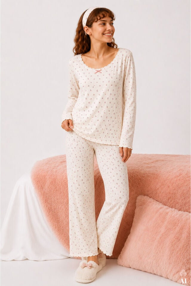 Kadın Fitilli Desenli Dantel  Detaylı Uzun Kollu Pijama Takımı Ekru - Pembe - XL