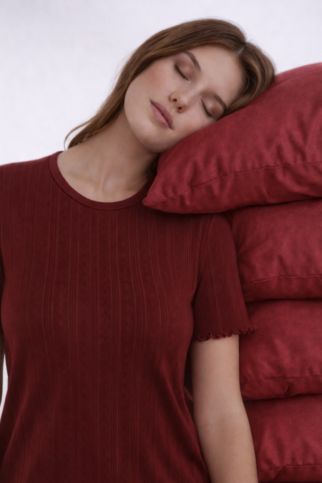 Kadın Pamuklu Kısa Kollu Baby Overloklu Pijama Takımı Bordo - S