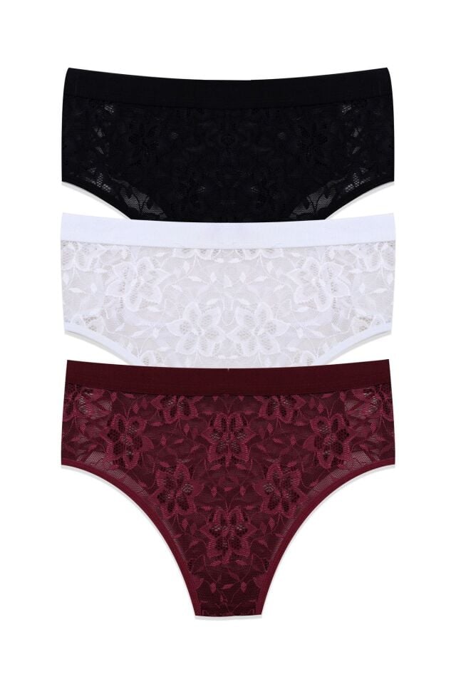 Kadın 3'lü Dantelli Yan Dekolteli Külot Siyahbeyazbordo - M - Siyahbeyazbordo - M