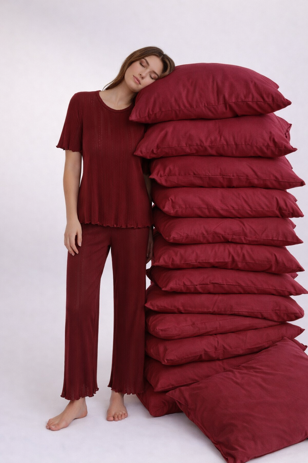 Kadın Pamuklu Kısa Kollu Baby Overloklu Pijama Takımı Bordo - L