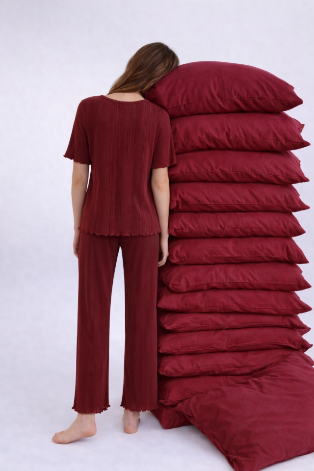 Kadın Pamuklu Kısa Kollu Baby Overloklu Pijama Takımı Bordo - L