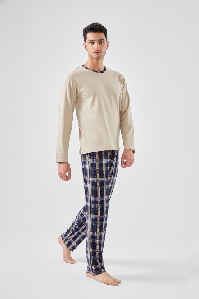 Erkek Pamuklu Uzun Kollu Ekose Desenli Cepli Pijama Takımı Krem - XL