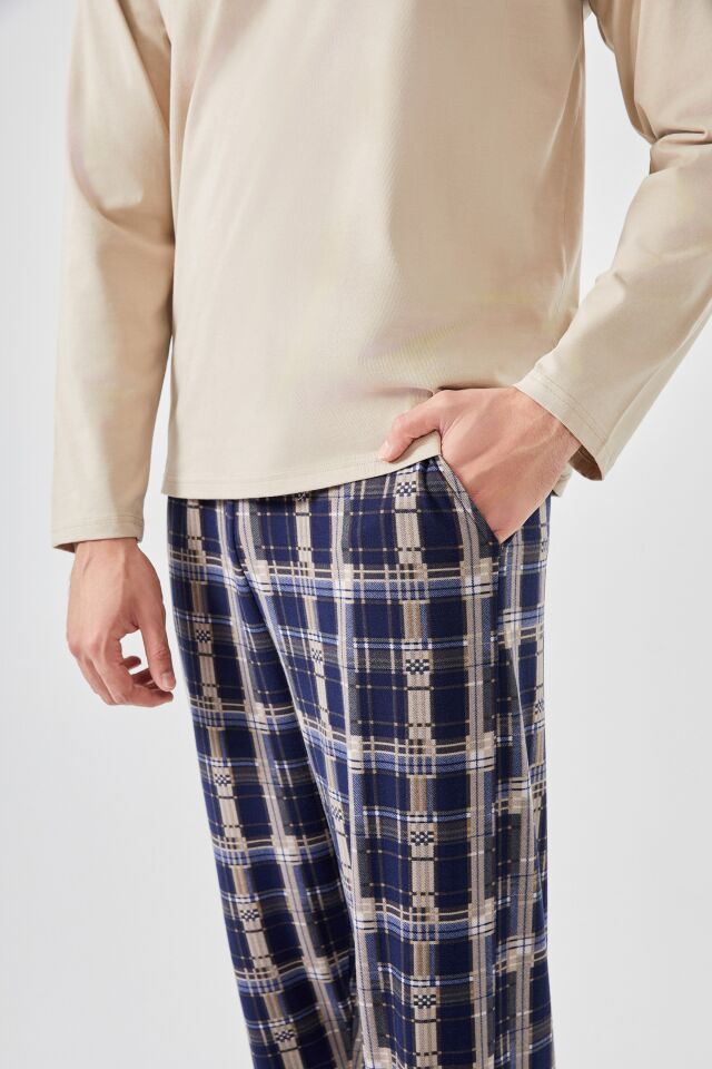 Erkek Pamuklu Uzun Kollu Ekose Desenli Cepli Pijama Takımı Krem - XL