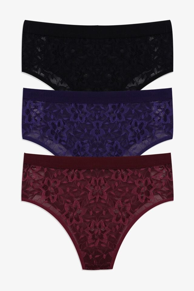 Kadın 3'lü Dantelli Yan Dekolteli Külot Siyahmorbordo - M - Siyahmorbordo - M