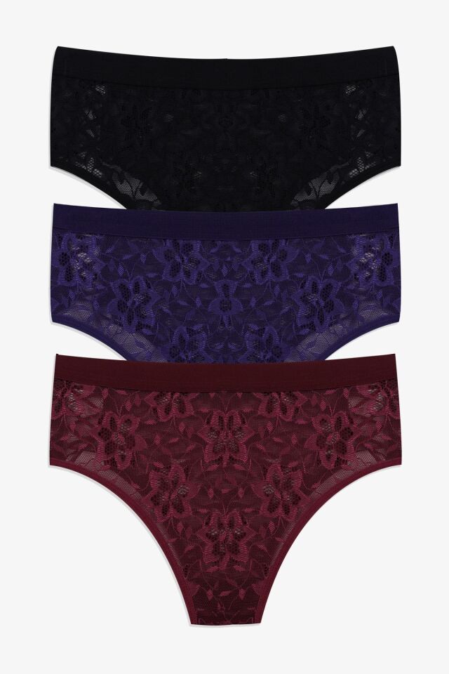 Kadın 3'lü Dantelli Yan Dekolteli Külot Siyahmorbordo - M - Siyahmorbordo - M