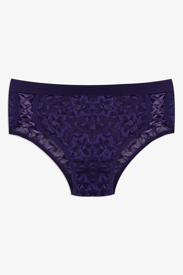 Kadın 3'lü Dantelli Yan Dekolteli Külot Siyahmorbordo - M - Siyahmorbordo - M