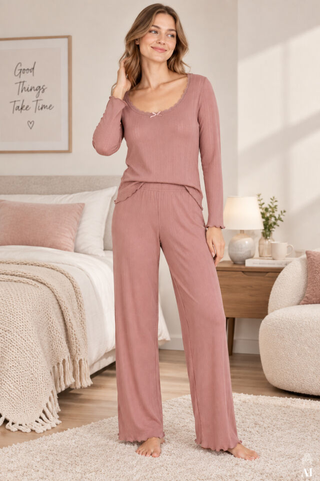 Kadın Fitilli Desenli Dantel  Detaylı Uzun Kollu Pijama Takımı Pembe - L