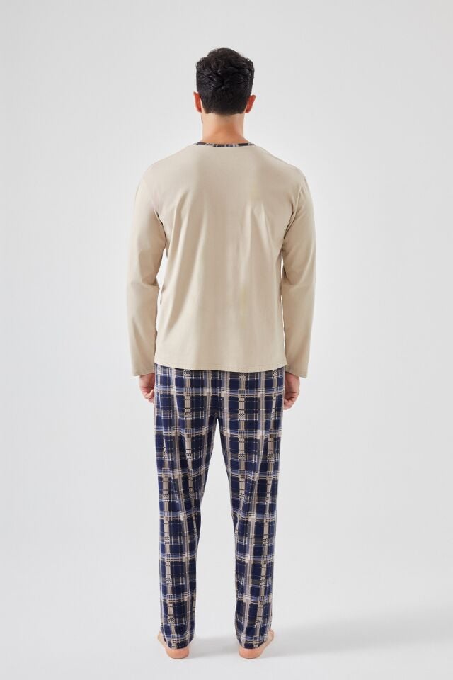 Erkek Pamuklu Uzun Kollu Ekose Desenli Cepli Pijama Takımı Krem - 2XL