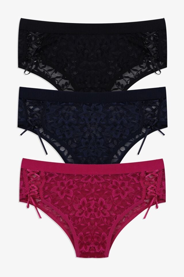 Kadın 3'lü Dantelli Yan Dekolteli Külot Siyahlacivertfusya - M - Siyahlacivertfusya - M