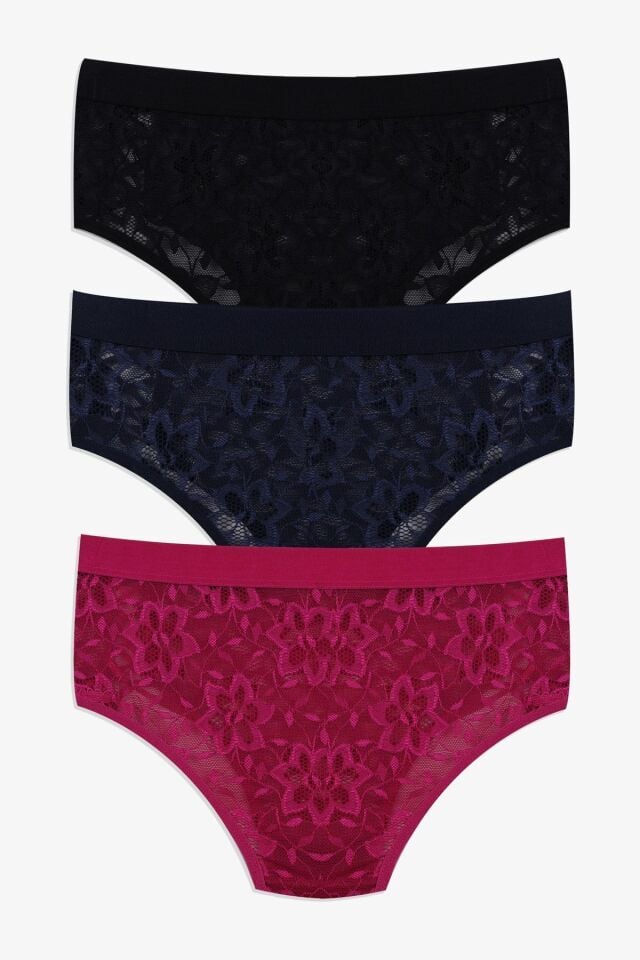 Kadın 3'lü Dantelli Yan Dekolteli Külot Siyahlacivertfusya - M - Siyahlacivertfusya - M