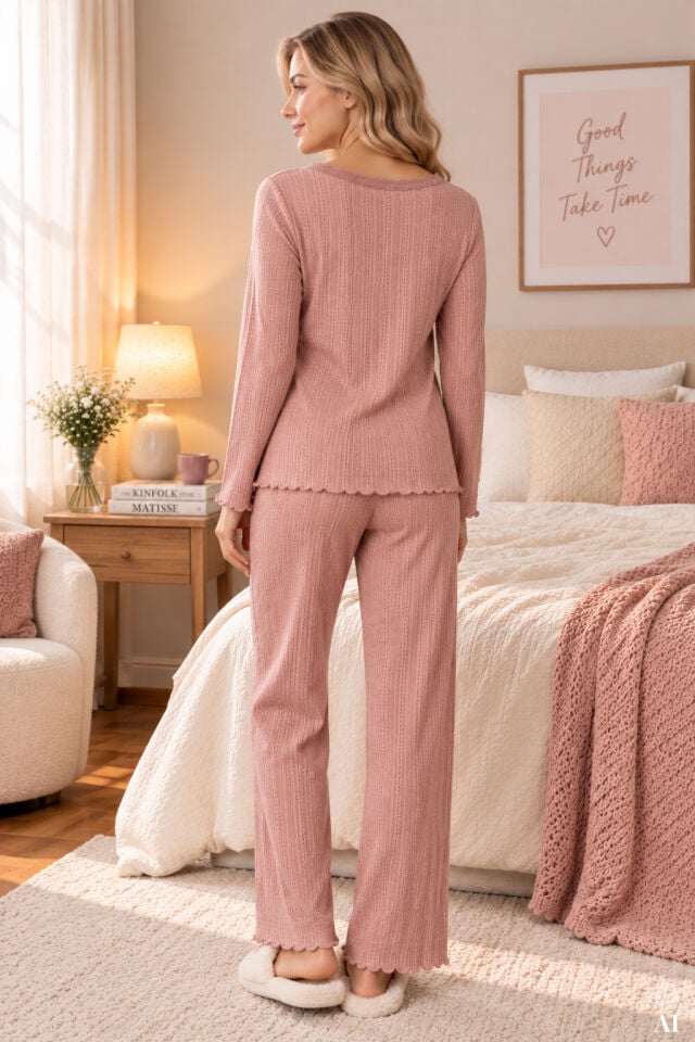 Kadın Fitilli Desenli Dantel  Detaylı Uzun Kollu Pijama Takımı Pembe - XL