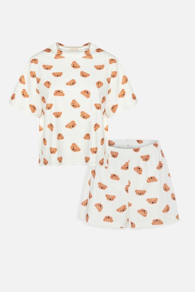 Kadın Pamuklu Kısa Kollu Ekru Ayıcık Desenli Crop Şort Takım