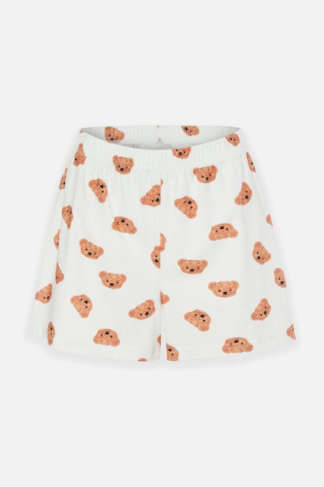Kadın Pamuklu Kısa Kollu Ekru Ayıcık Desenli Crop Şort Takım