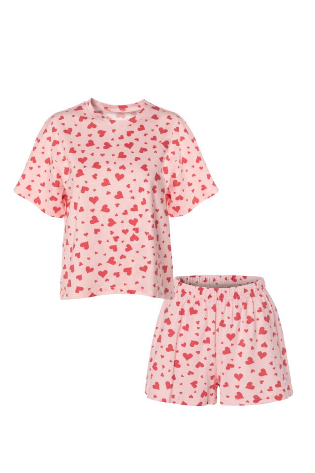 Kadın Pamuklu Kısa Kollu Ekru Ayıcık Desenli Crop Şort Takım