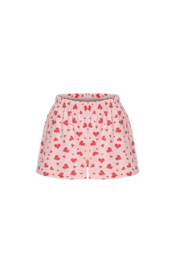 Kadın Pamuklu Kısa Kollu Ekru Ayıcık Desenli Crop Şort Takım