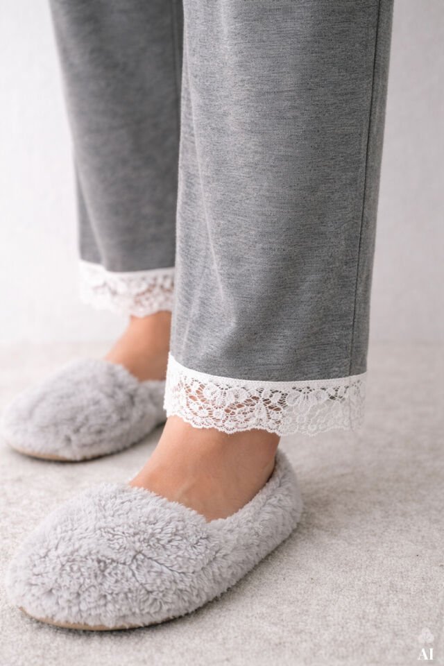 Kadın V Yaka ve Paça Dantel Detaylı Uzun Kollu Pijama Takımı KO70129 - XL