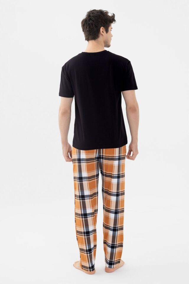 Erkek Kısa Kollu Pamuklu Ekose Desenli Ayıcık Baskılı Pijama Takımı