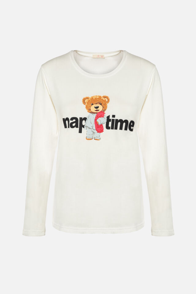 Kadın Pamuklu Uzun Kollu Üst Baskılı Alt Çizgili Pijama Takımı S - Mavi - Beyaz
