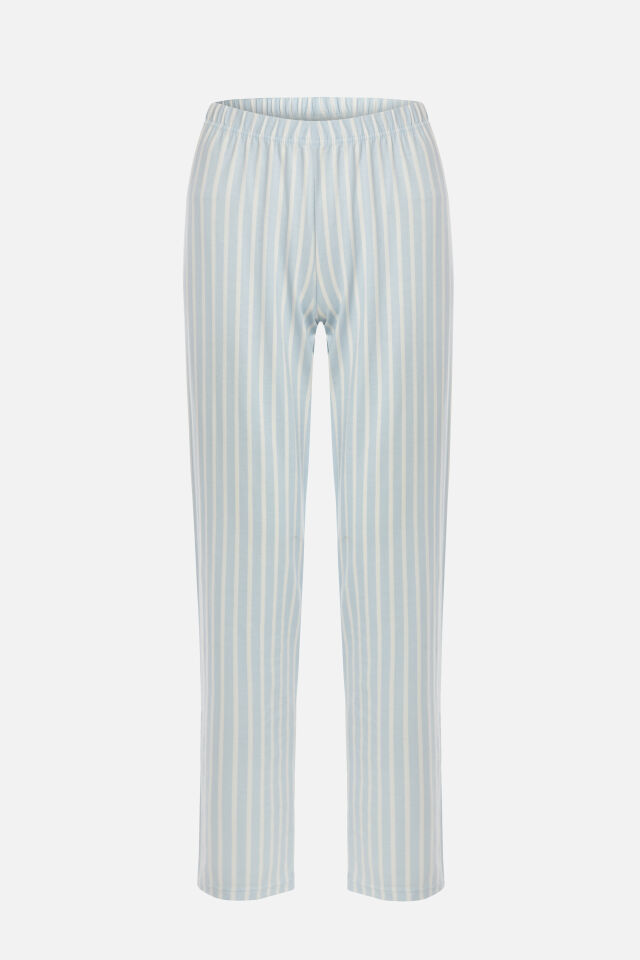 Kadın Pamuklu Uzun Kollu Üst Baskılı Alt Çizgili Pijama Takımı S - Mavi - Beyaz