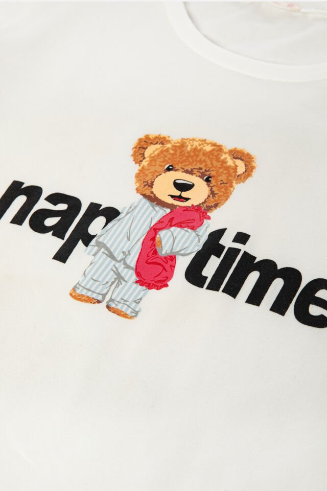 Kadın Pamuklu Uzun Kollu Üst Baskılı Alt Çizgili Pijama Takımı S - Mavi - Beyaz