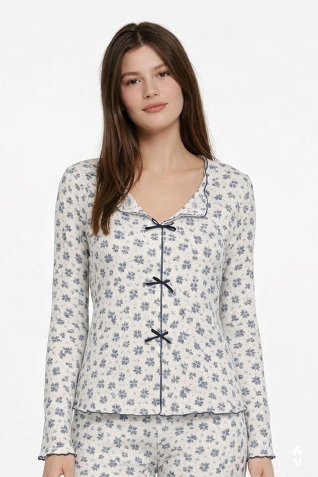 Sevgililer Günü Temalı Kadın Pamuklu Çıtır Çiçek Desenli Baby Overloklu Fiyonklu Uzun Kollu Pijama Takımı XL - Lacivert - Beyaz