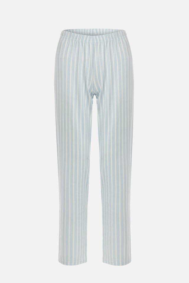 Kadın Pamuklu Uzun Kollu Üst Baskılı Alt Çizgili Pijama Takımı M - Mavi - Beyaz