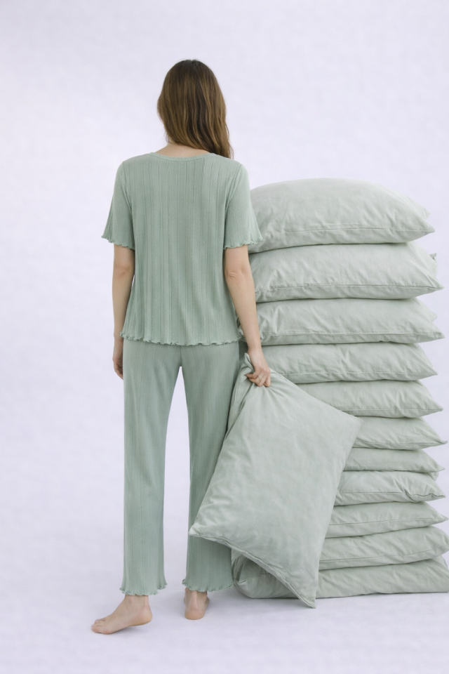 Kadın Pamuklu Kısa Kollu Baby Overloklu Pijama Takımı Yeşil - XL