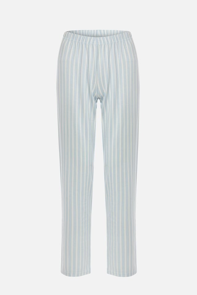 Kadın Pamuklu Uzun Kollu Üst Baskılı Alt Çizgili Pijama Takımı L - Mavi - Beyaz