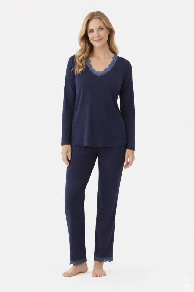 Kadın V Yaka ve Paça Dantel Detaylı Uzun Kollu Pijama Takımı Lacivert - M