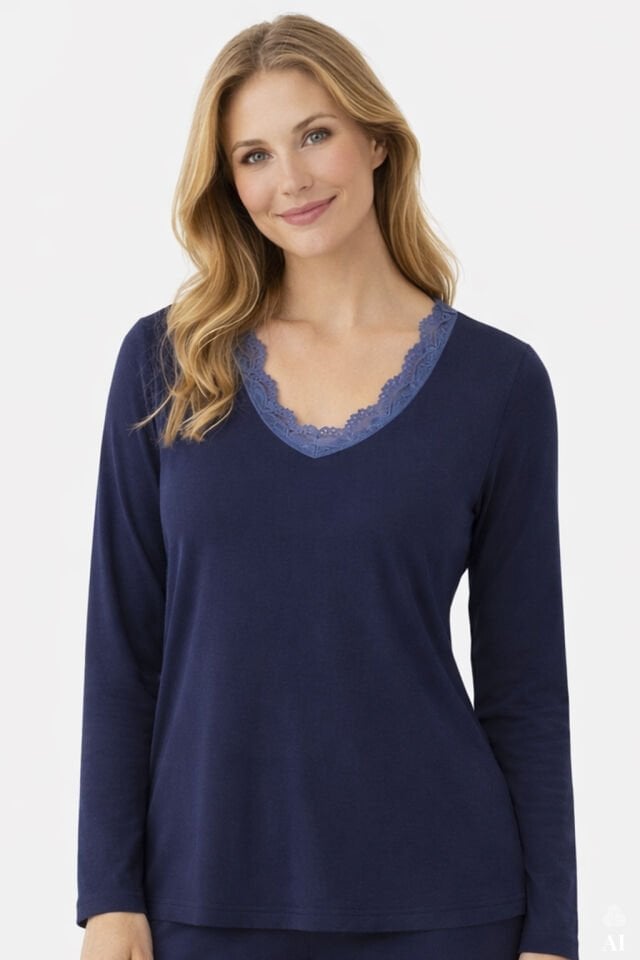 Kadın V Yaka ve Paça Dantel Detaylı Uzun Kollu Pijama Takımı Lacivert - M