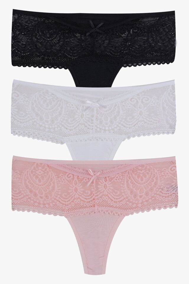 Kadın 3'lü Dantel Detaylı Tanga Siyahbeyazpudra - M - M - Siyahbeyazpudra