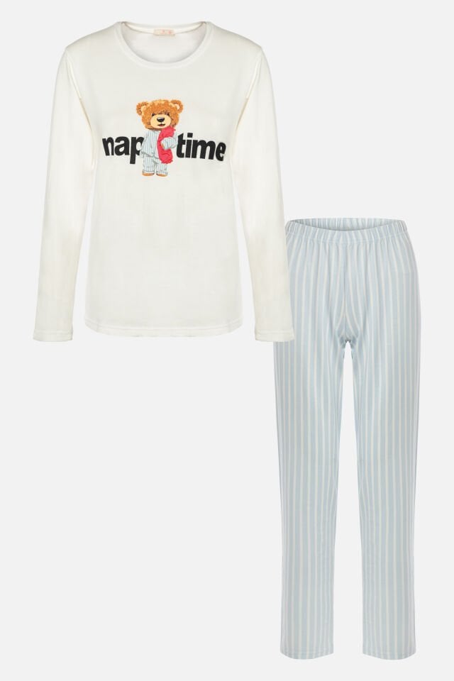 Kadın Pamuklu Uzun Kollu Üst Baskılı Alt Çizgili Pijama Takımı XL - Mavi - Beyaz