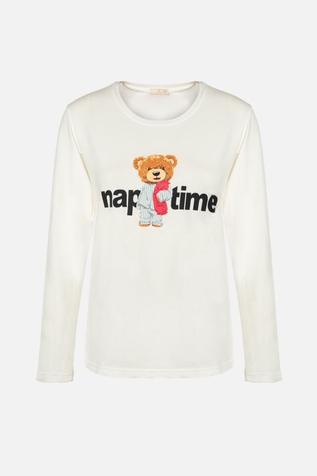 Kadın Pamuklu Uzun Kollu Üst Baskılı Alt Çizgili Pijama Takımı XL - Mavi - Beyaz