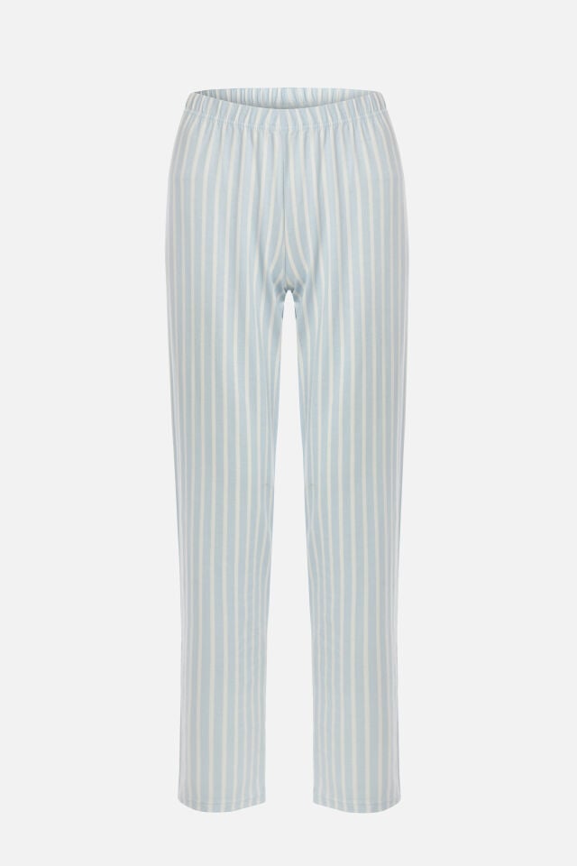 Kadın Pamuklu Uzun Kollu Üst Baskılı Alt Çizgili Pijama Takımı XL - Mavi - Beyaz