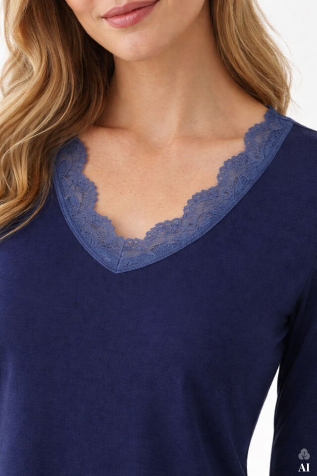 Kadın V Yaka ve Paça Dantel Detaylı Uzun Kollu Pijama Takımı Lacivert - L