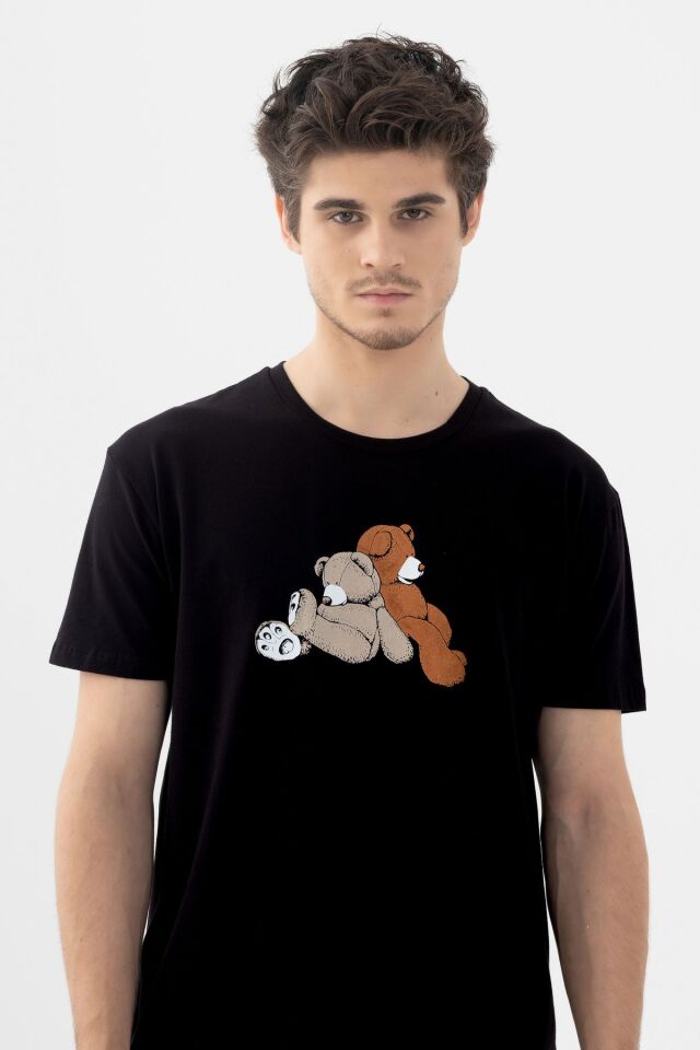 Erkek Kısa Kollu Pamuklu Ekose Desenli Ayıcık Baskılı Pijama Takımı KO60101 Bal Ekose Ayıcık Desen - XL