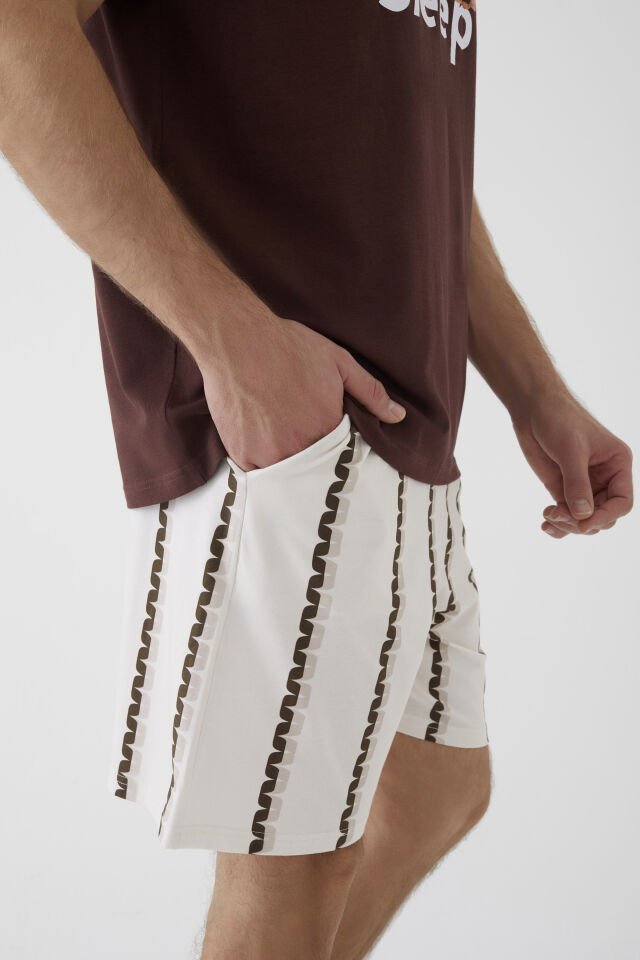 Erkek Kısa Kollu Pamuklu Ayıcık Desenli Şortlu Pijama Takımı S - Ekru - Kahverengi