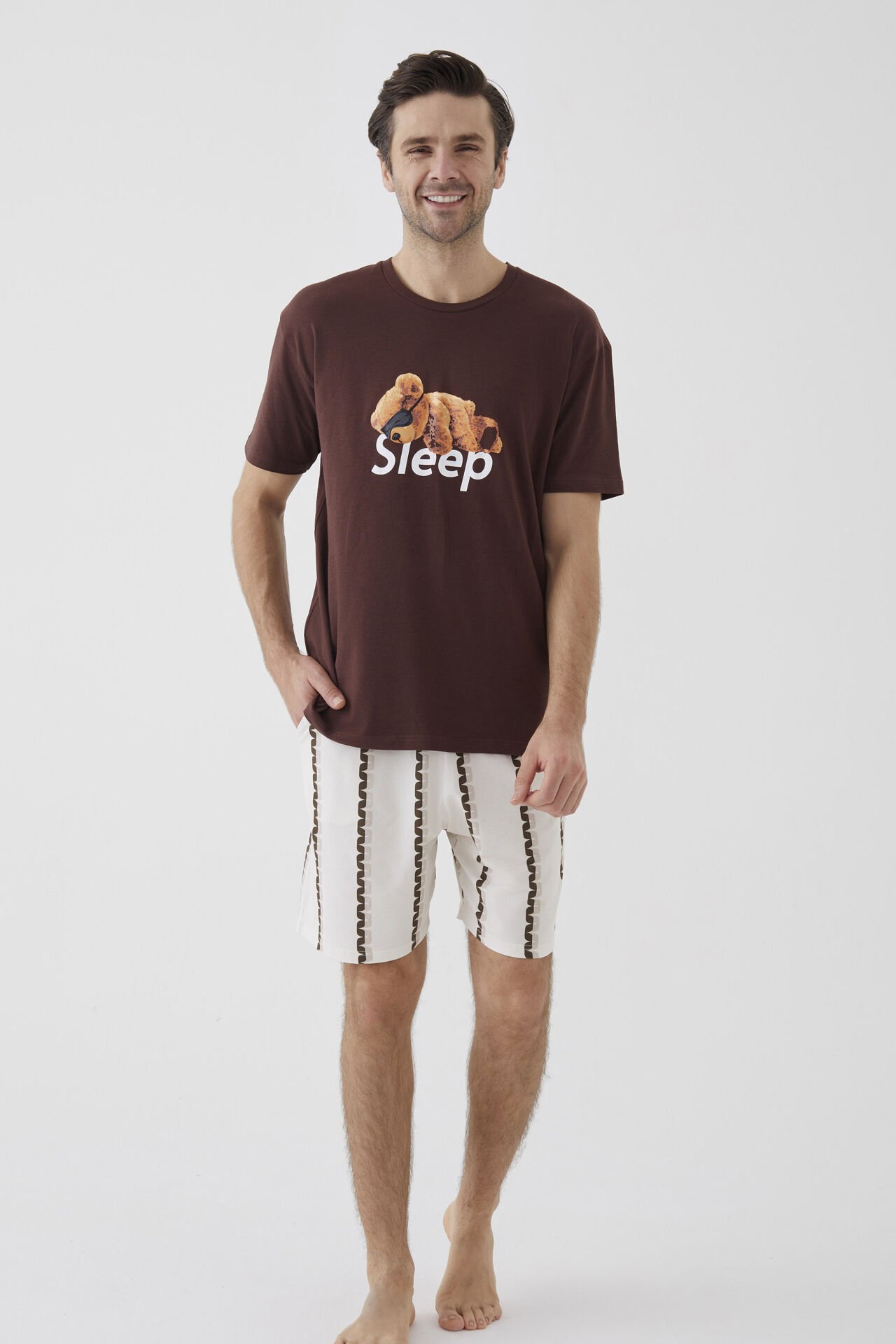 Erkek Kısa Kollu Pamuklu Ayıcık Desenli Şortlu Pijama Takımı S - Ekru - Kahverengi