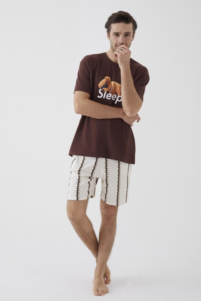 Erkek Kısa Kollu Pamuklu Ayıcık Desenli Şortlu Pijama Takımı S - Ekru - Kahverengi