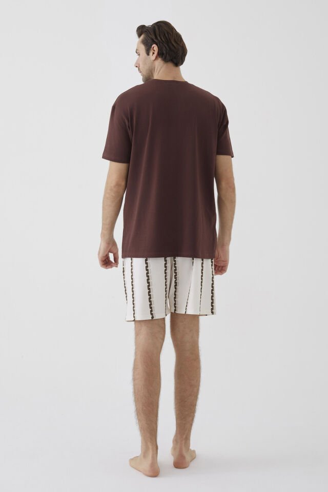 Erkek Kısa Kollu Pamuklu Ayıcık Desenli Şortlu Pijama Takımı S - Ekru - Kahverengi