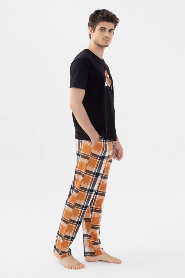 Erkek Kısa Kollu Pamuklu Ekose Desenli Ayıcık Baskılı Pijama Takımı KO60101 Bal Ekose Ayıcık Desen - 2XL