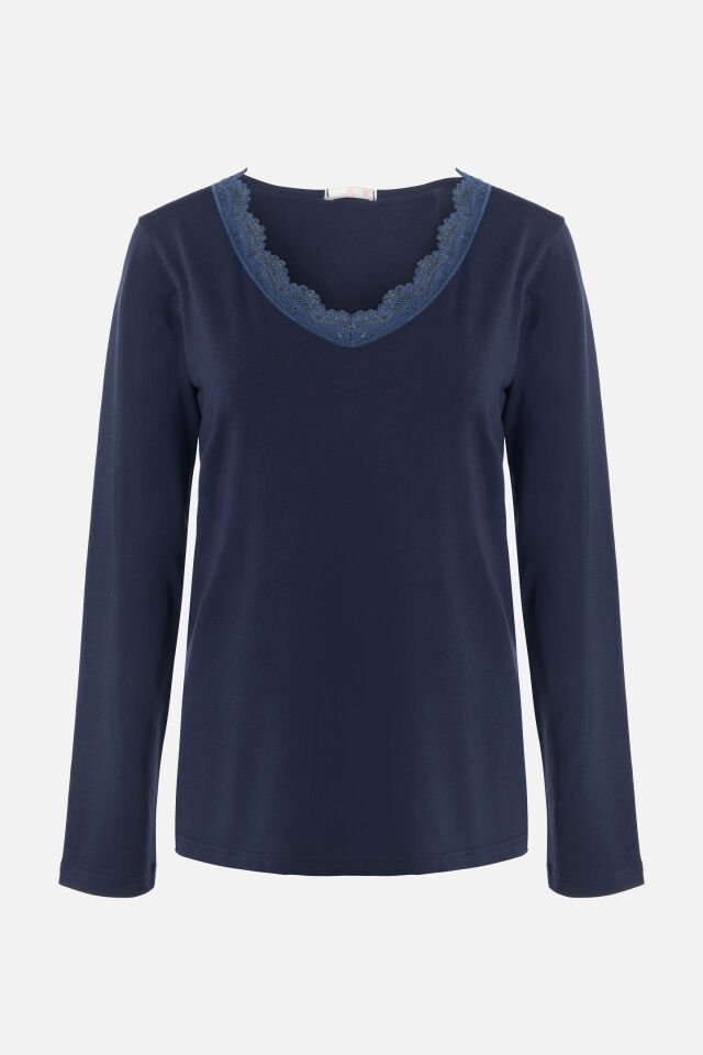 Kadın V Yaka ve Paça Dantel Detaylı Uzun Kollu Pijama Takımı Lacivert - 2XL