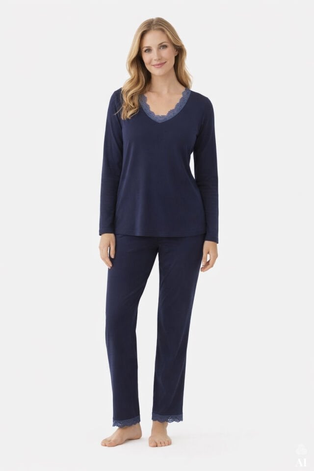 Kadın V Yaka ve Paça Dantel Detaylı Uzun Kollu Pijama Takımı Lacivert - 2XL