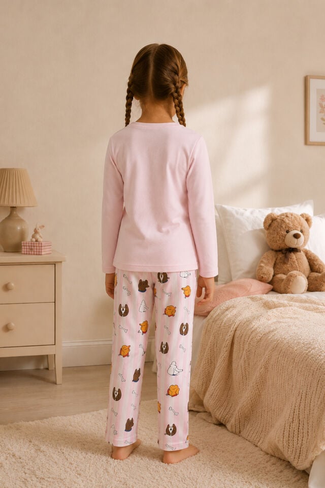 Kız Çocuk Pamuklu Pembe Uzun Kollu Gezegen Yıldız Baskılı Desenli Pijama Takımı Pembe - 7-8 Yaş