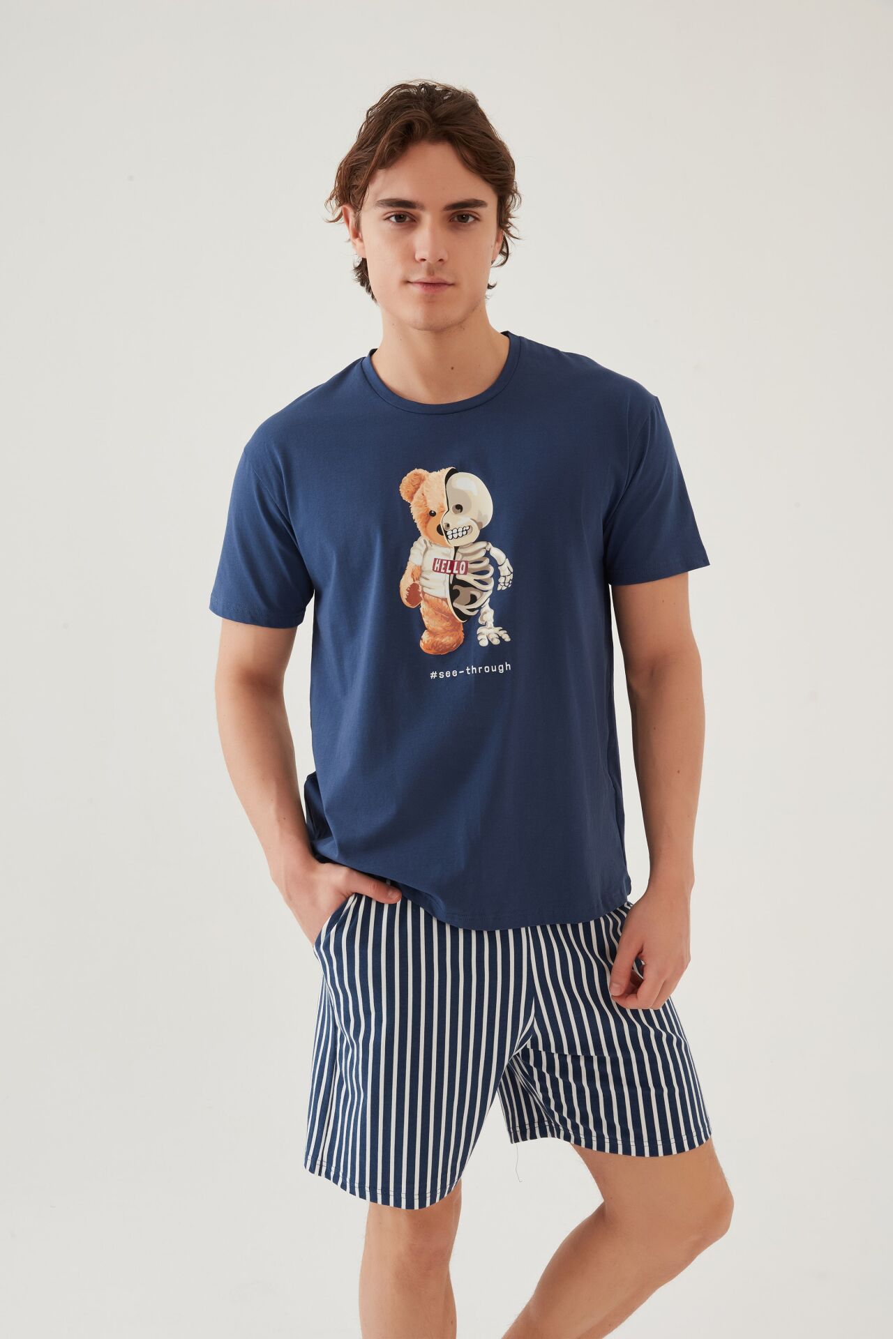 Erkek Pamuklu Mavi Baskılı Cepli Şort Pijama Takımı Mavi - Beyaz - L