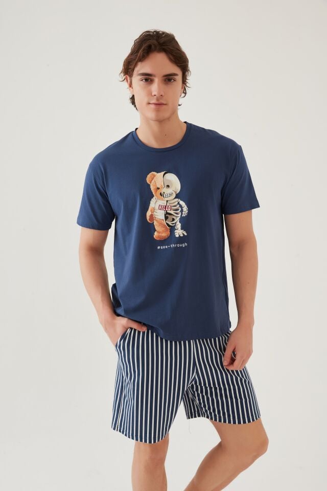 Erkek Pamuklu Mavi Baskılı Cepli Şort Pijama Takımı Mavi - Beyaz - L