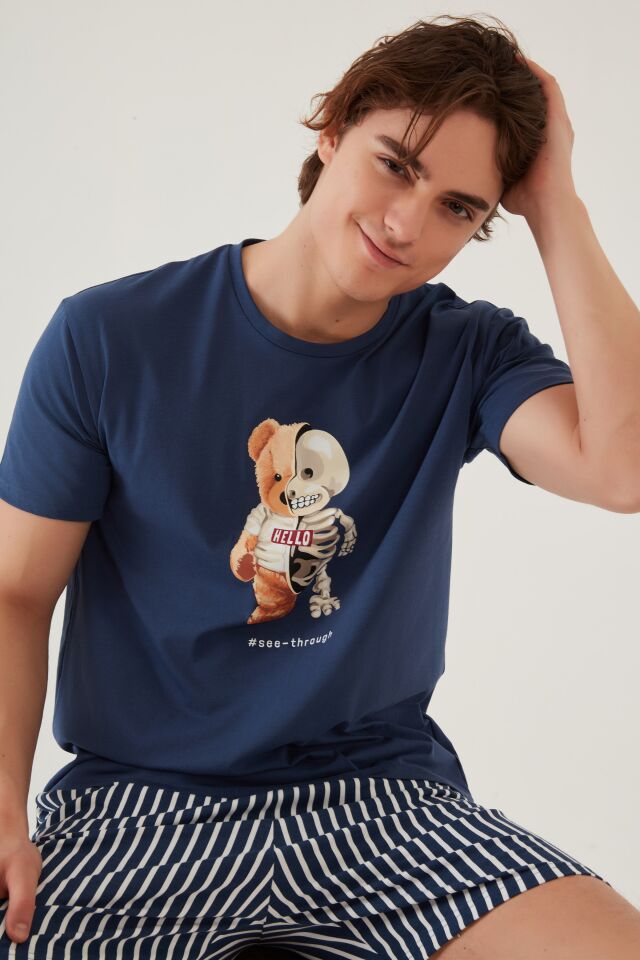 Erkek Pamuklu Mavi Baskılı Cepli Şort Pijama Takımı Mavi - Beyaz - L