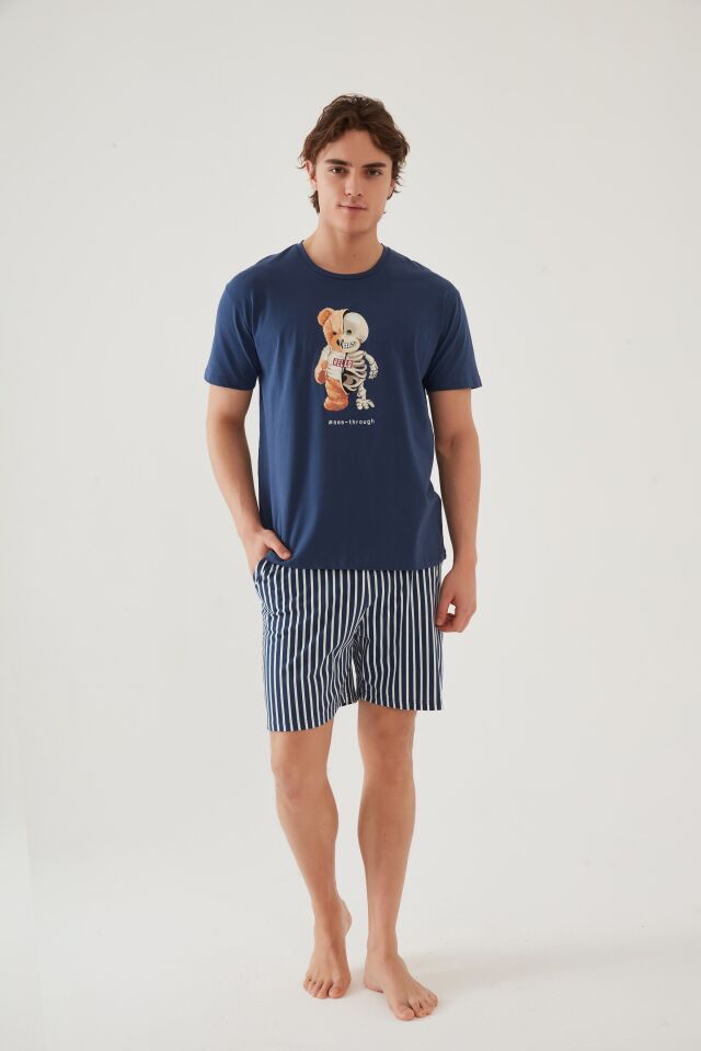 Erkek Pamuklu Mavi Baskılı Cepli Şort Pijama Takımı Mavi - Beyaz - L