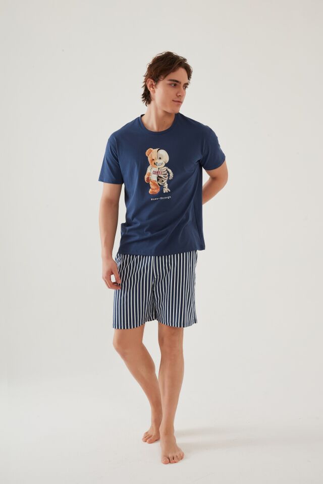 Erkek Pamuklu Mavi Baskılı Cepli Şort Pijama Takımı Mavi - Beyaz - L