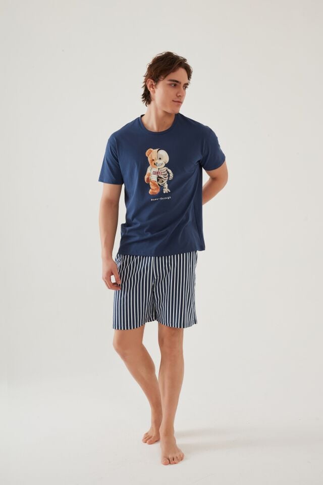 Erkek Pamuklu Mavi Baskılı Cepli Şort Pijama Takımı Mavi - Beyaz - L